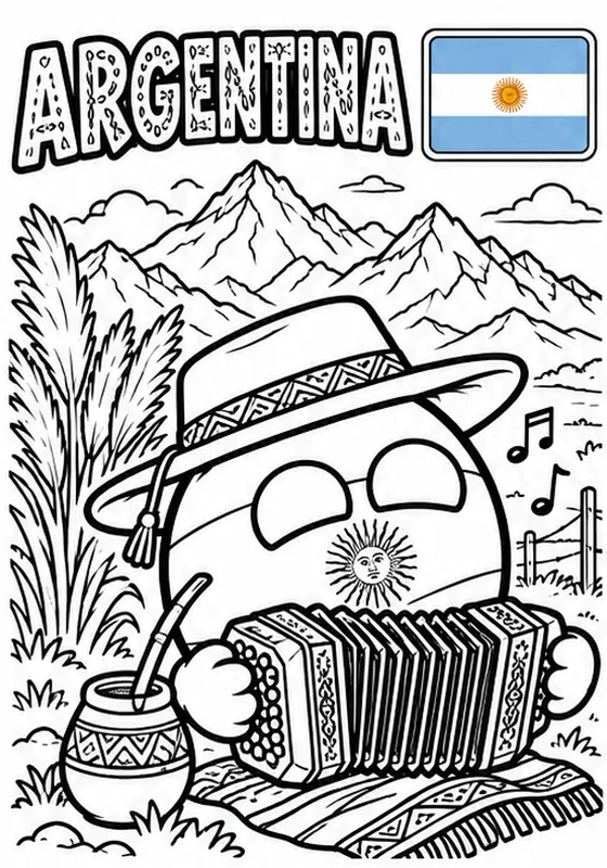 Página para colorear de Argentina: Countryball con acordeón y mate