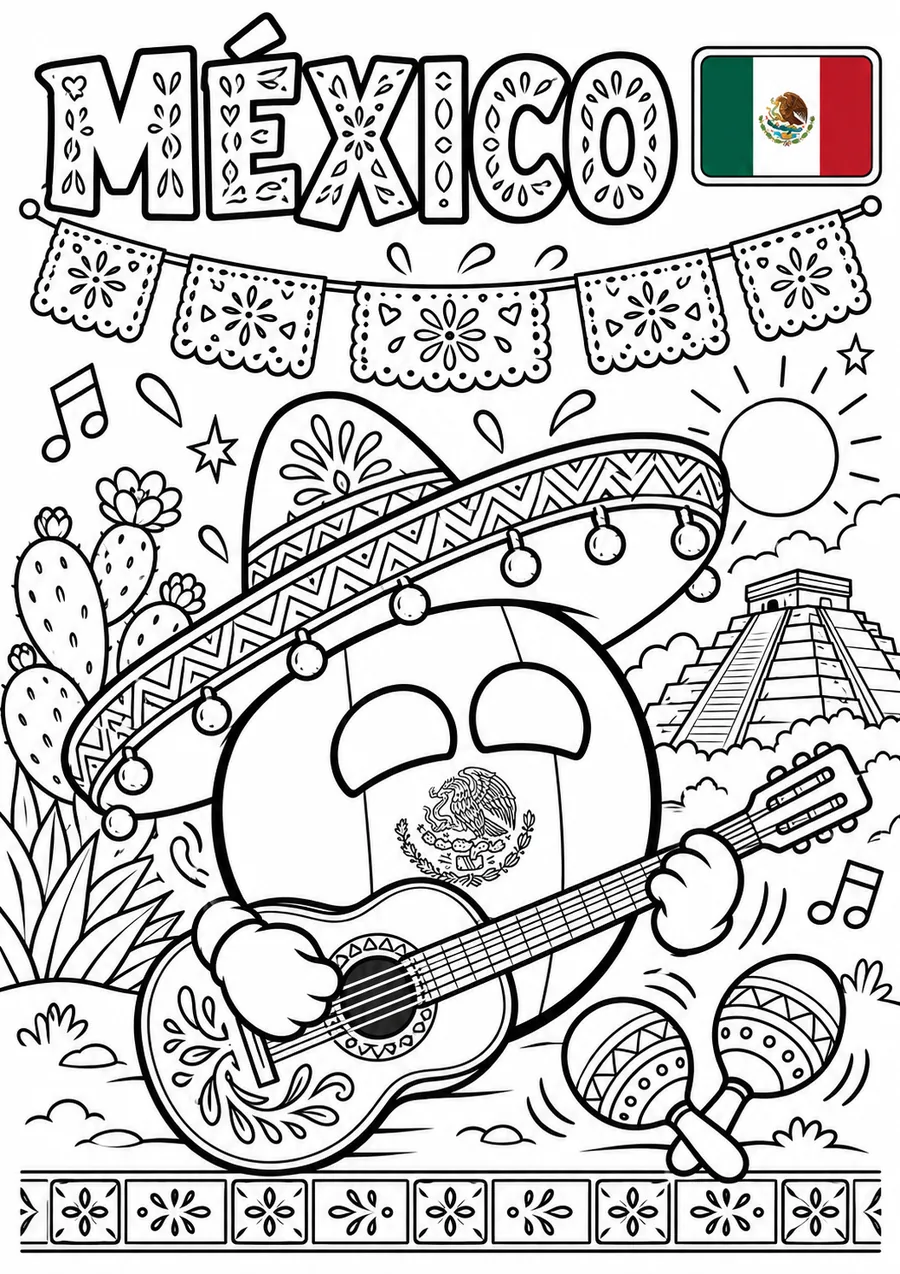 Página para colorear de México: Countryball con sombrero, guitarra y maracas frente a una pirámide